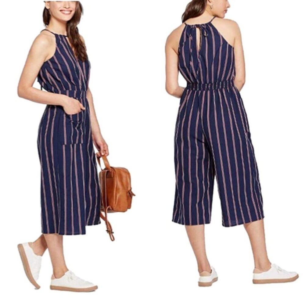 Universal Thread Pure Cotton Striped Pocket High Keyhole Neck Cami Crop Jumpsuit